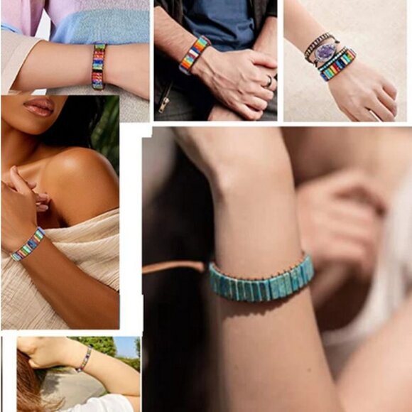 🍉NWT Handmade Unisex BOHO Multicolor Natural Stone Leather Adjustable Bracelet - Picture 3 of 9